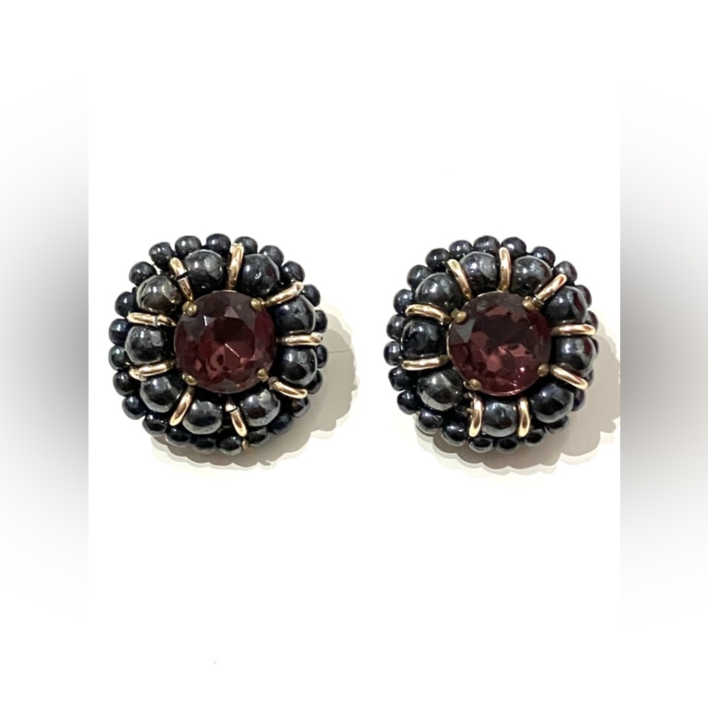 Vintage West Germany Purple Stone Beaded Clip On Earrings